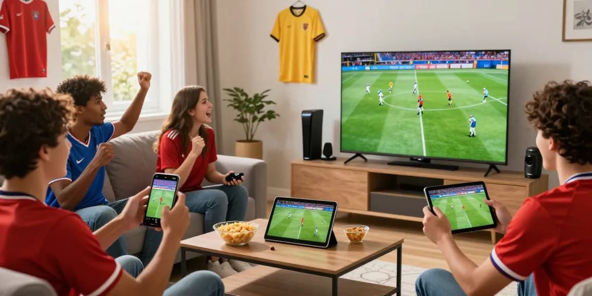 Fans enjoying multicanais live football streaming on various devices in a lively home atmosphere.
