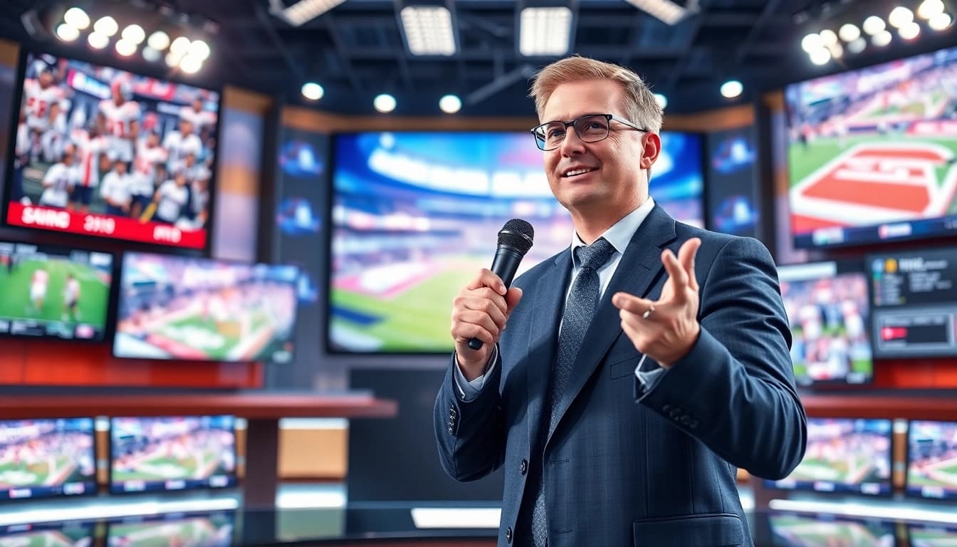 Engaging sports broadcasting scene with a passionate announcer in a modern studio.