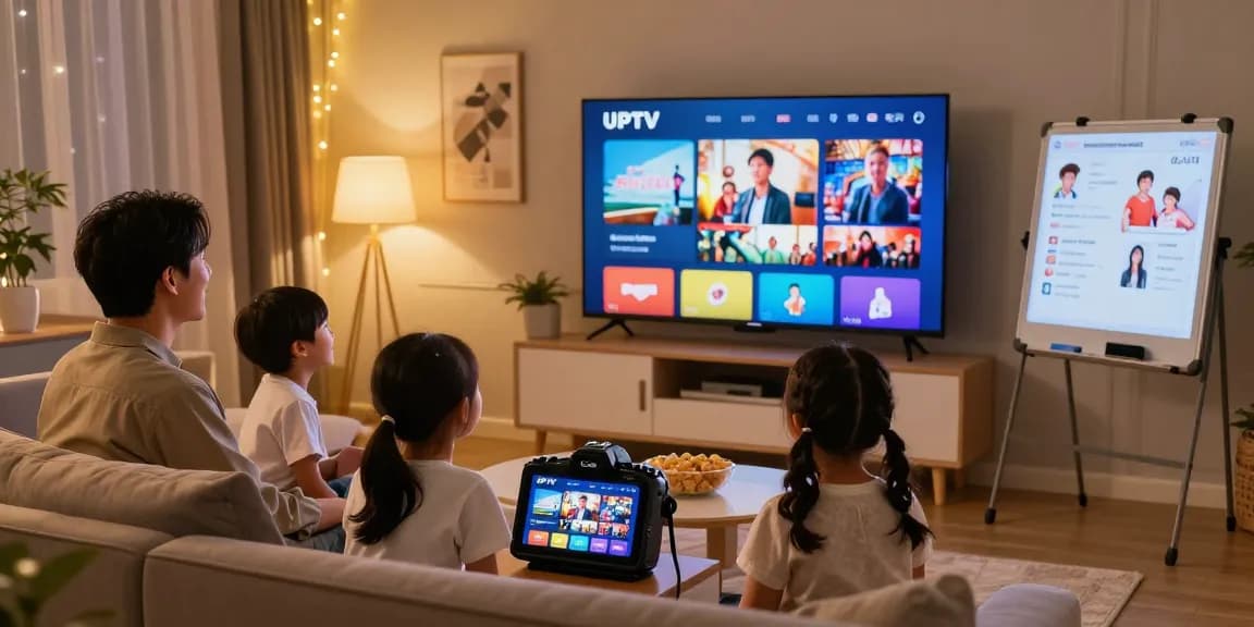 Família desfrutando de IPTV em uma sala aconchegante, assistindo a um show em uma TV de tela grande.