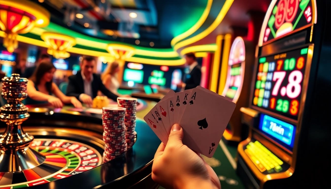 Experience the thrill of winning at 78win with vibrant casino tables and golden poker chips.