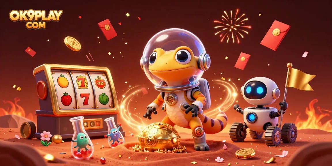Spin the reels at OK9PLAY COM's golden casino with a Martian gecko and exciting slot symbols!