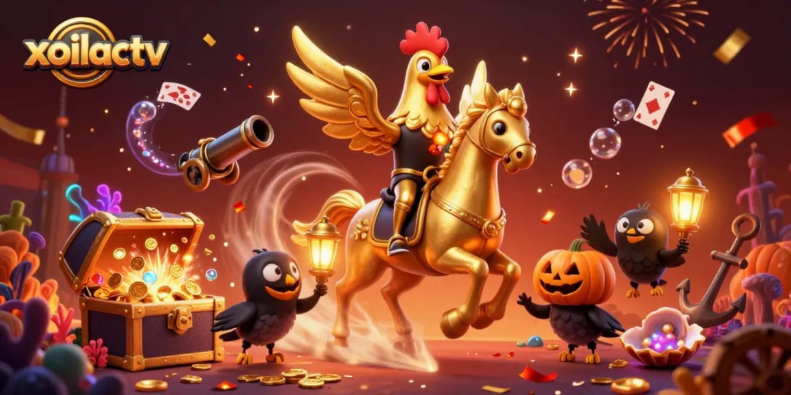Xoilactv showcases thrilling live sports experiences, highlighting a dynamic cartoon scene with a golden rooster and exciting casino elements.