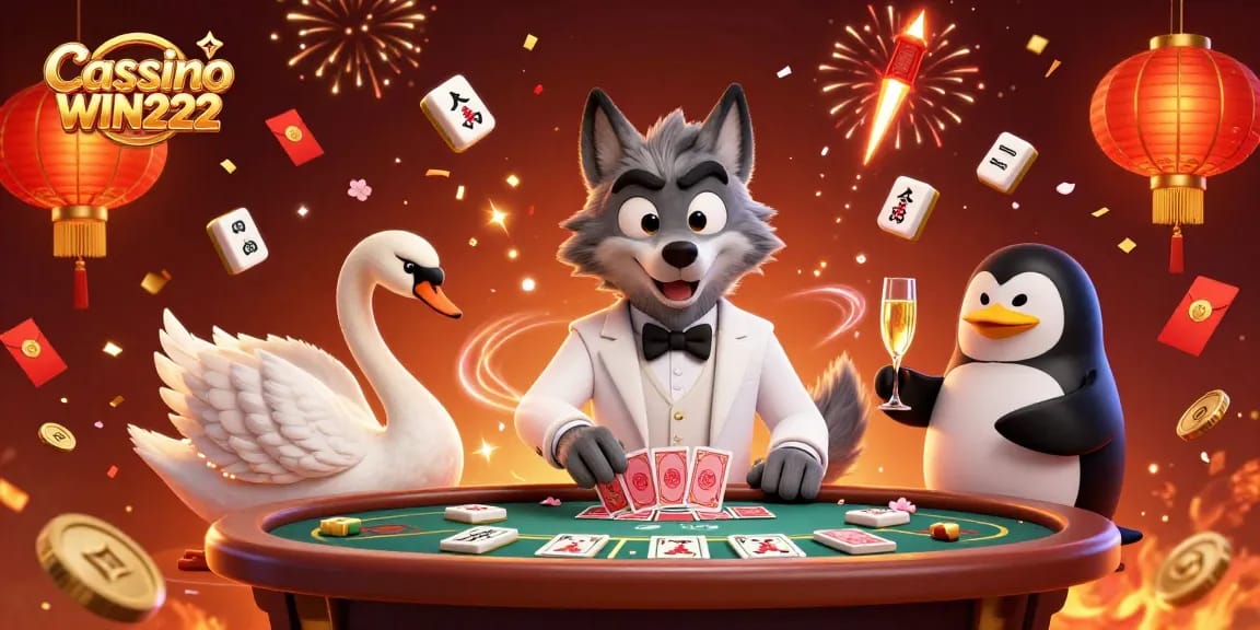Cassino WIN222 features a debonair wolf and elegant characters celebrating at a baccarat table.