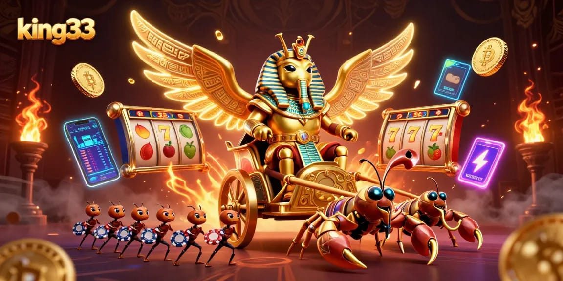 Experience thrilling slots with king33's vibrant cartoon scene filled with gold, scorpions, and crypto elements.