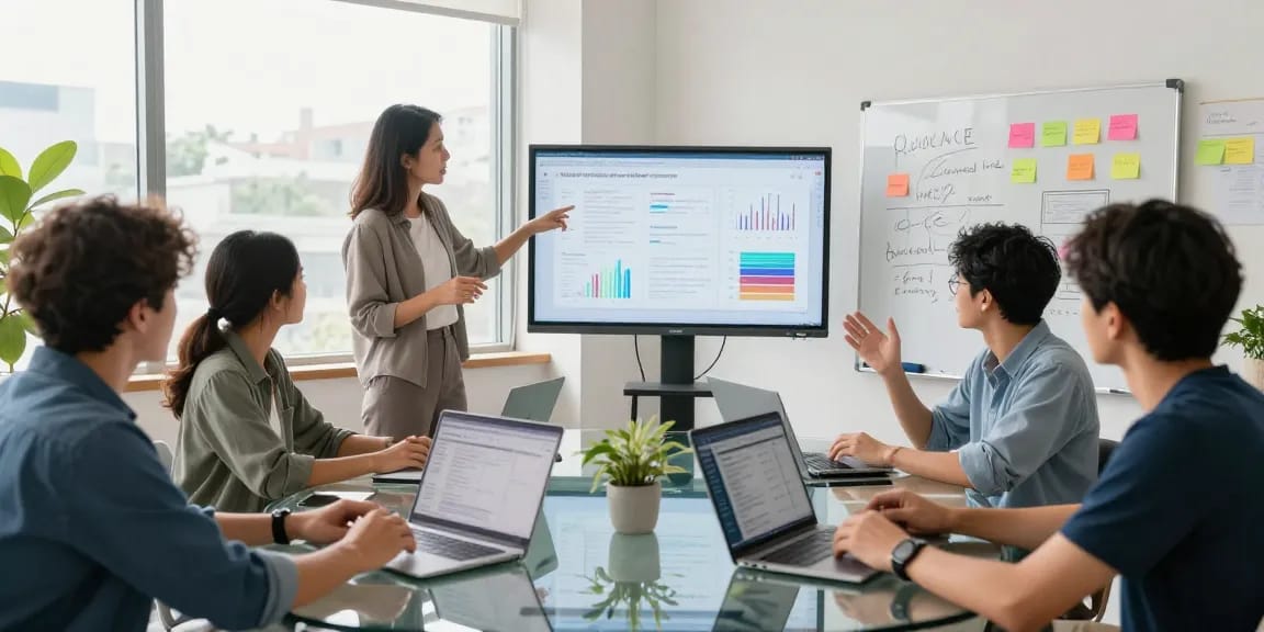 Equipe colaborando em estratégias de marketing multicanais em ambiente moderno e iluminado.