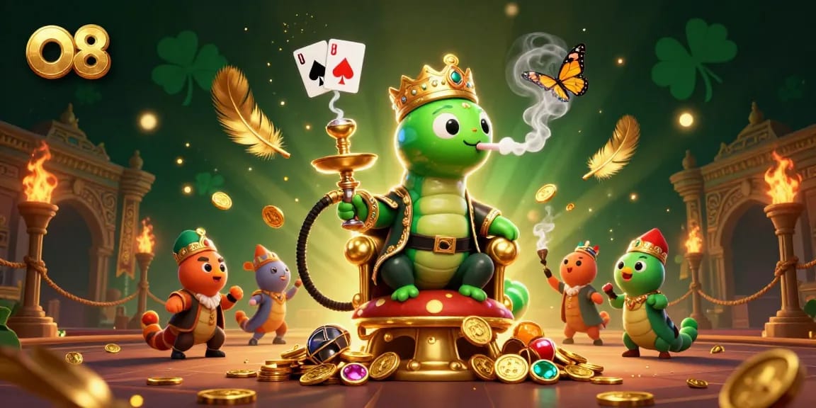 Engage in O8's gaming adventures with a vibrant, magical casino scene featuring a caterpillar hookah-master.