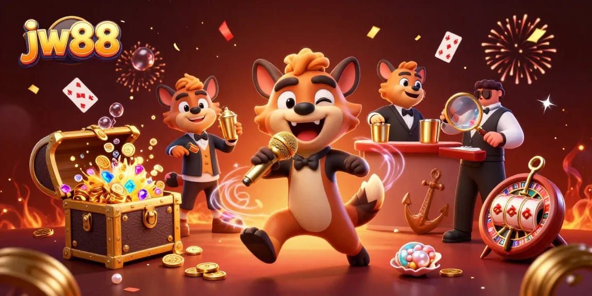 Experience fun at JW88 with hyenas running a vibrant comedy casino club scene filled with treasure and confetti.