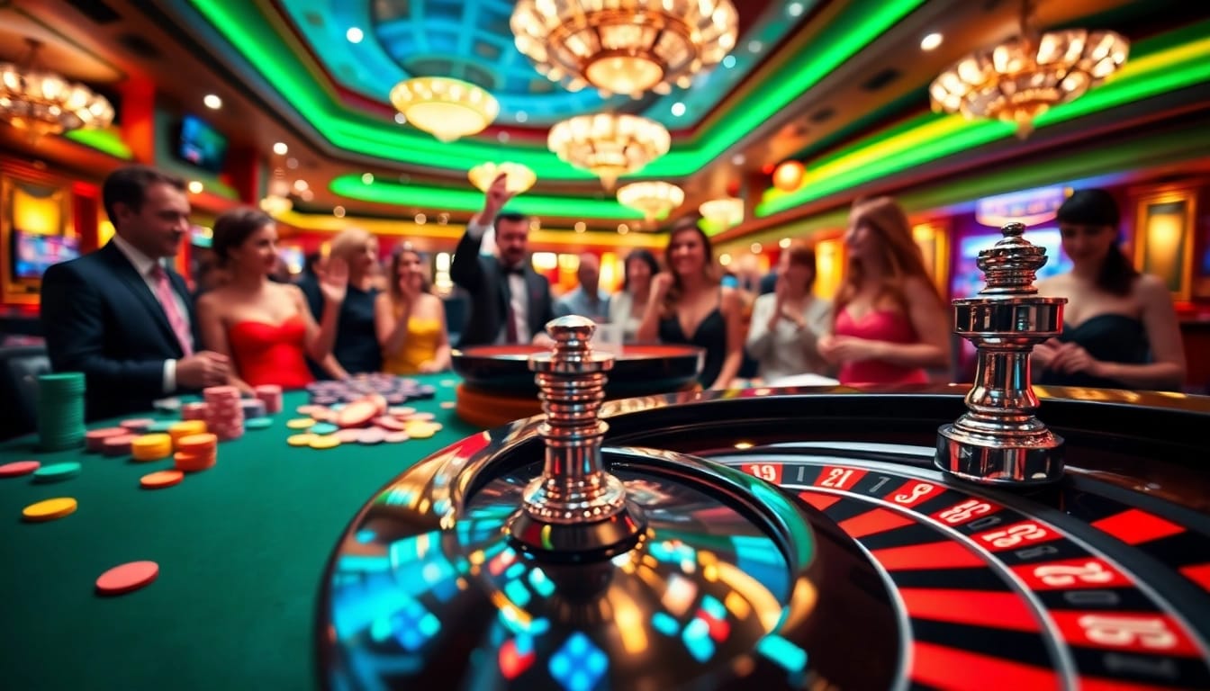 Joueurs captivés autour d'une table de roulette à un casino en ligne france légal, ambiance énergétique et glamour.