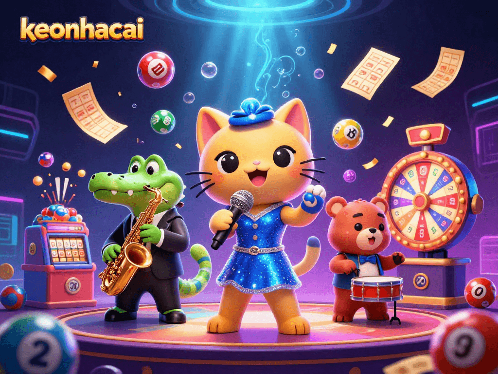 Engage in the excitement of keonhacai as vibrant lottery balls bounce around a lively casino scene.