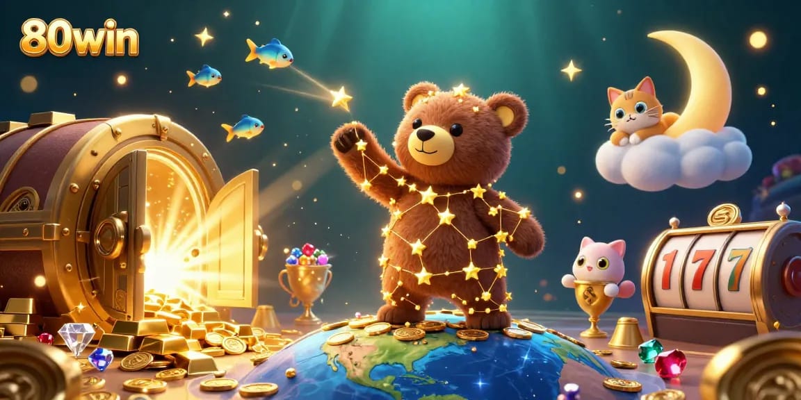 Bet on exciting slot games with 80win, featuring a magical constellation bear collecting coins amidst a vibrant casino scene