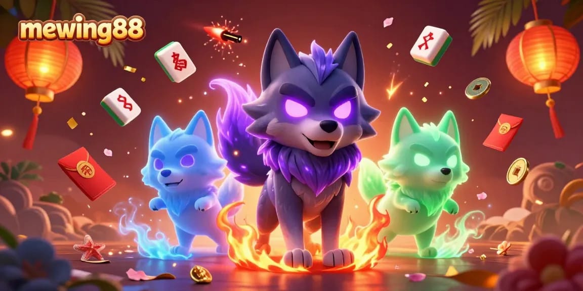 Engage in thrilling mahjong adventures at mewing88 with vibrant casino elements and animated spirit wolf characters.