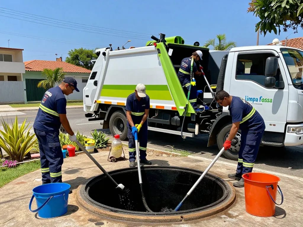 Limpa fossa em São Paulo team cleaning septic tank with modern equipment in a residential area.