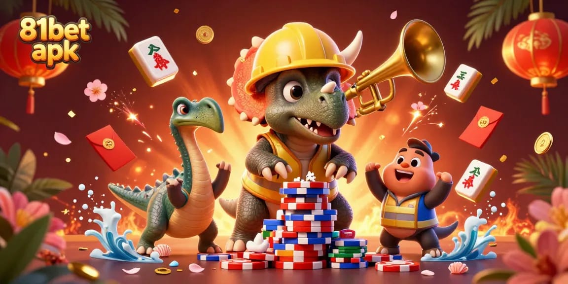 Engage with the colorful 81bet apk scene, featuring animated characters celebrating over poker chips.