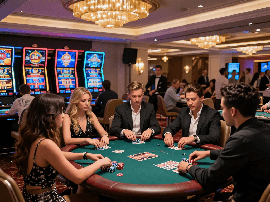 Friends enjoying a lively poker game at https://vin88-casino.games/, showcasing a vibrant casino atmosphere.