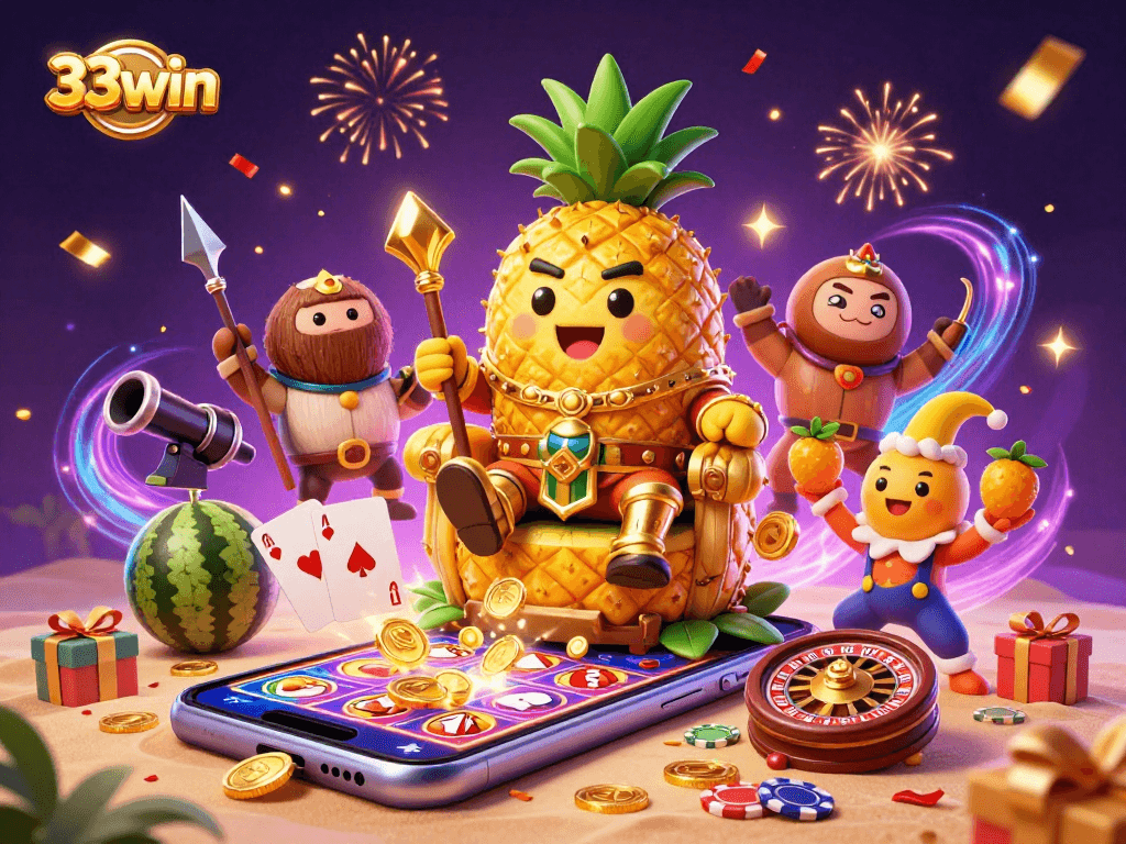 33win presents vibrant casino scene with a pineapple king, game elements, and festive effects.