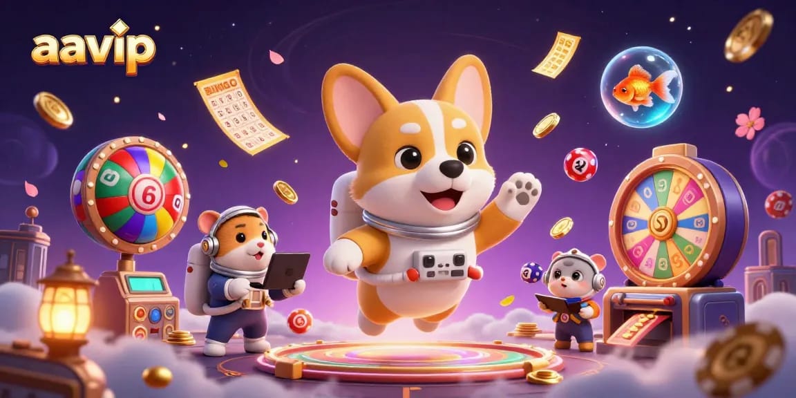 Experience thrilling gaming with aavip's adventure led by a corgi and friends in a cosmic casino.