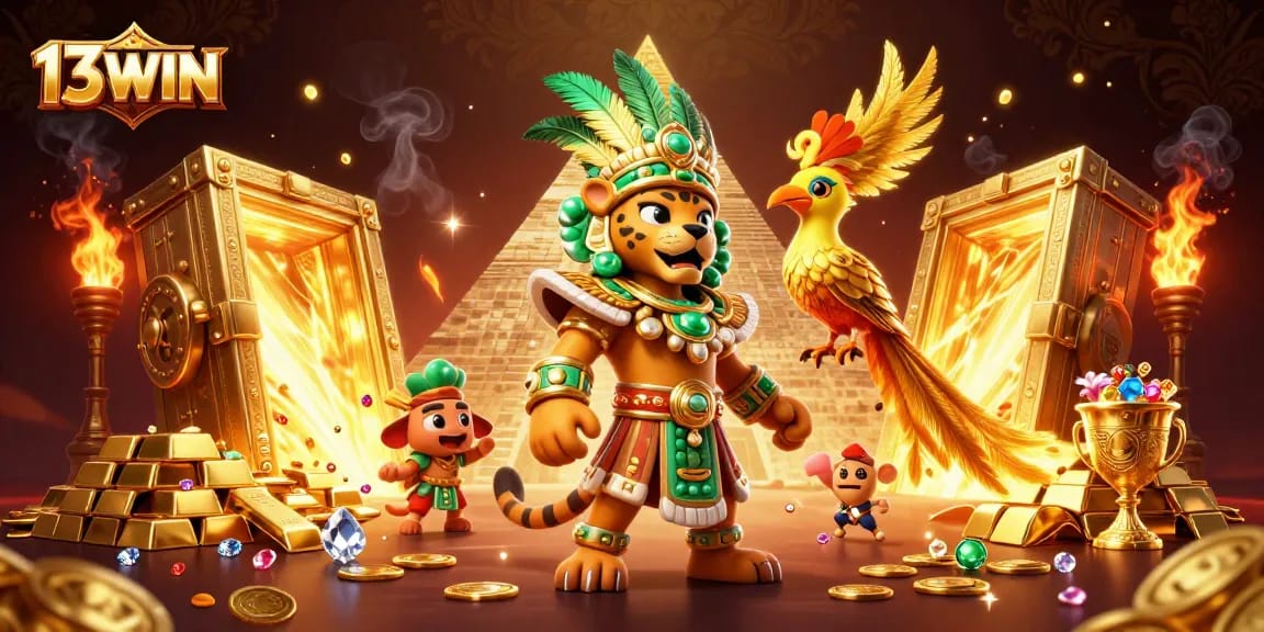 Experience the exciting world of 13WIN with a dynamic 3D casino scene featuring a vibrant Mayan priest and treasure.