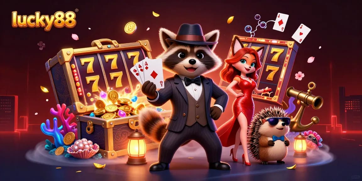 Experience thrilling lucky88 gameplay with a charming raccoon and fox in a vibrant casino scene.