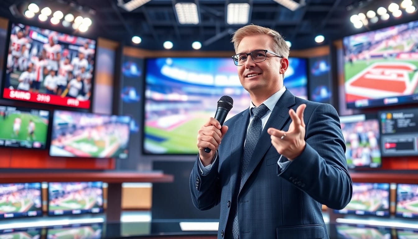 Engaging sports broadcasting scene with a passionate announcer in a modern studio.