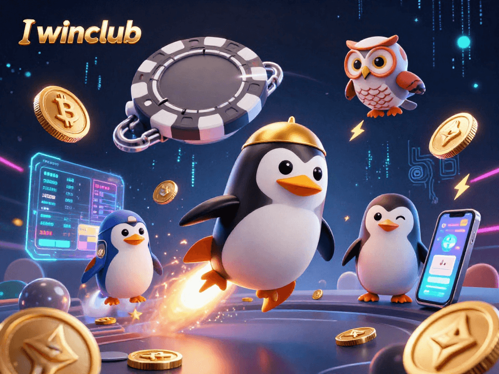 Iwinclub’s vibrant 3D illustration showcases a golden penguin and crypto coins soaring toward a casino space station.
