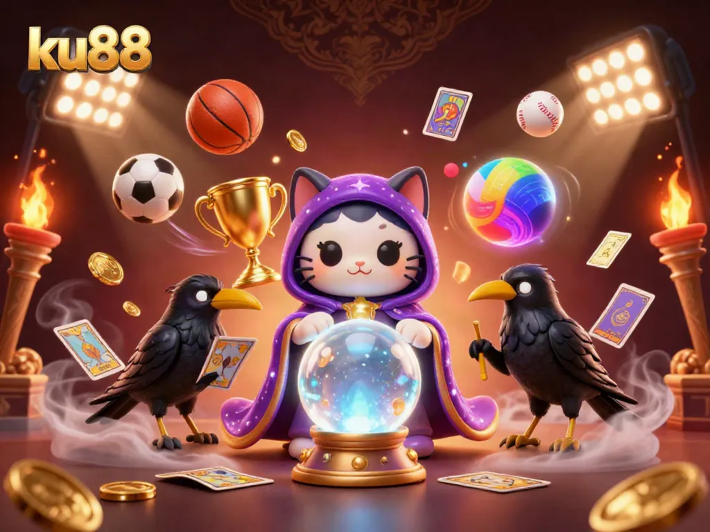 Experience ku88's vibrant casino scene with a fortune teller cat, glowing raven, and dynamic sports elements.