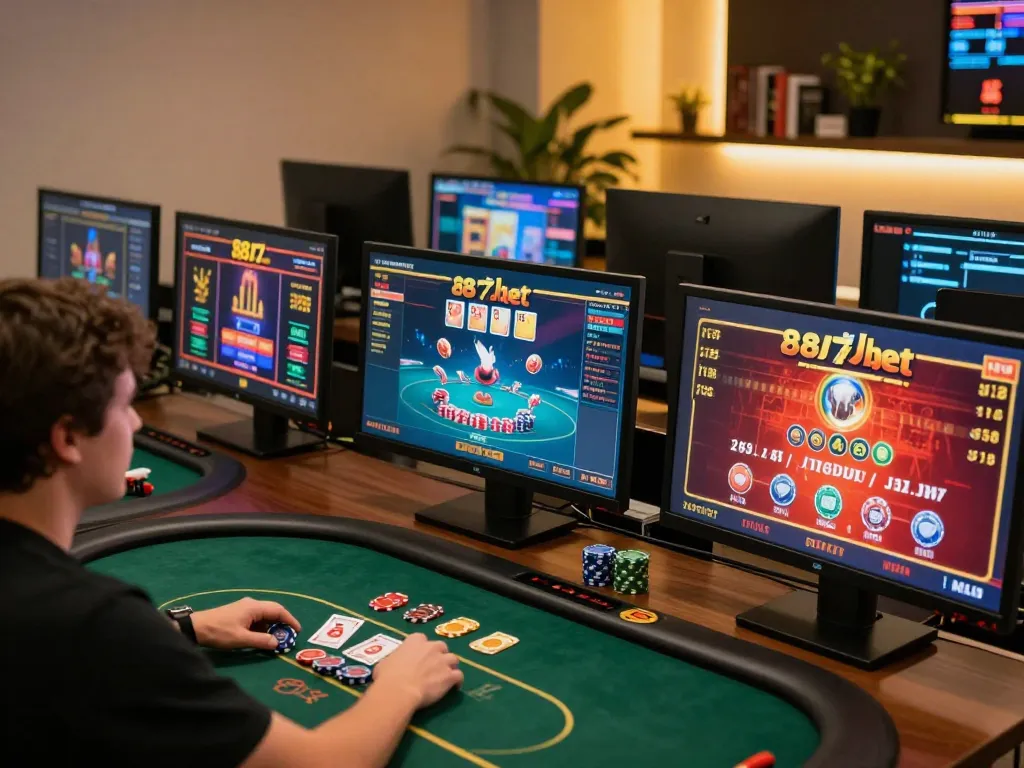 Jogador engajado desfrutando de uma experiência de jogo dinâmica no 887bet com várias telas mostrando diversos jogos de cassino