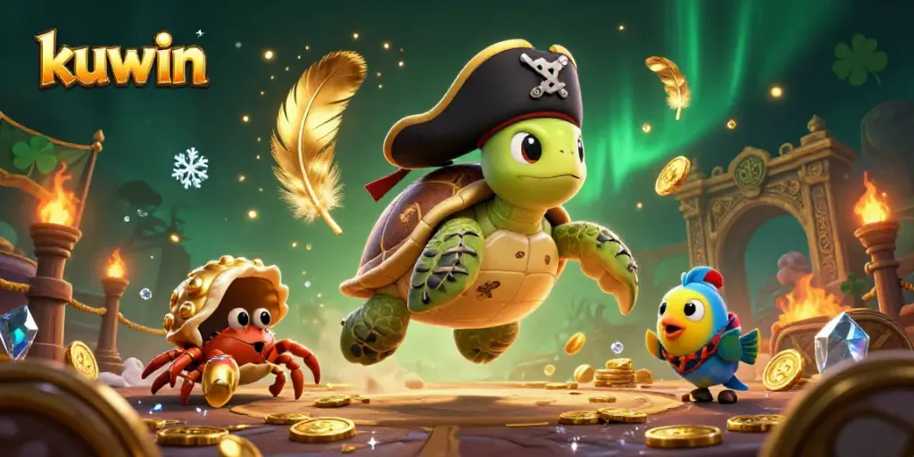 Kuwin displays rich 3D cartoon gambling themes with vibrant pirate turtle elements amidst treasure