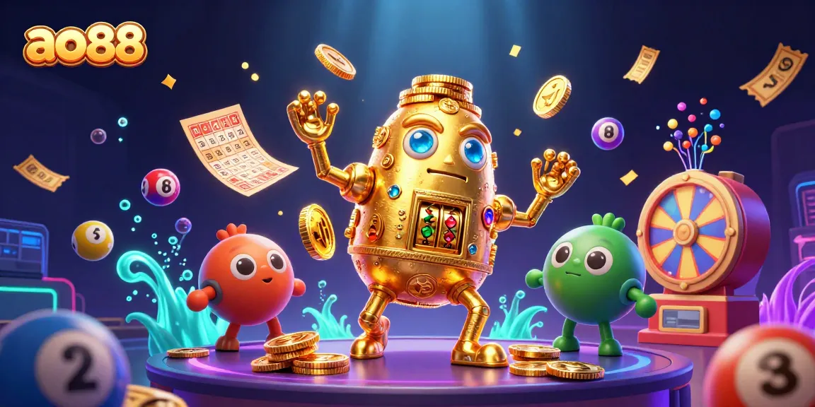 Join the excitement at ao88 with vibrant lottery elements and a captivating golden golem amidst a dazzling casino backdrop.