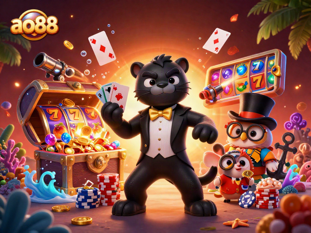 Experience excitement at ao88 with a stylish panther, owl, and lucky mouse at the casino.