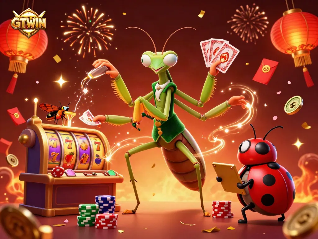 GTWIN casino scene featuring a giant mantis and ladybug engaging players with loaded game elements and lavish decor.