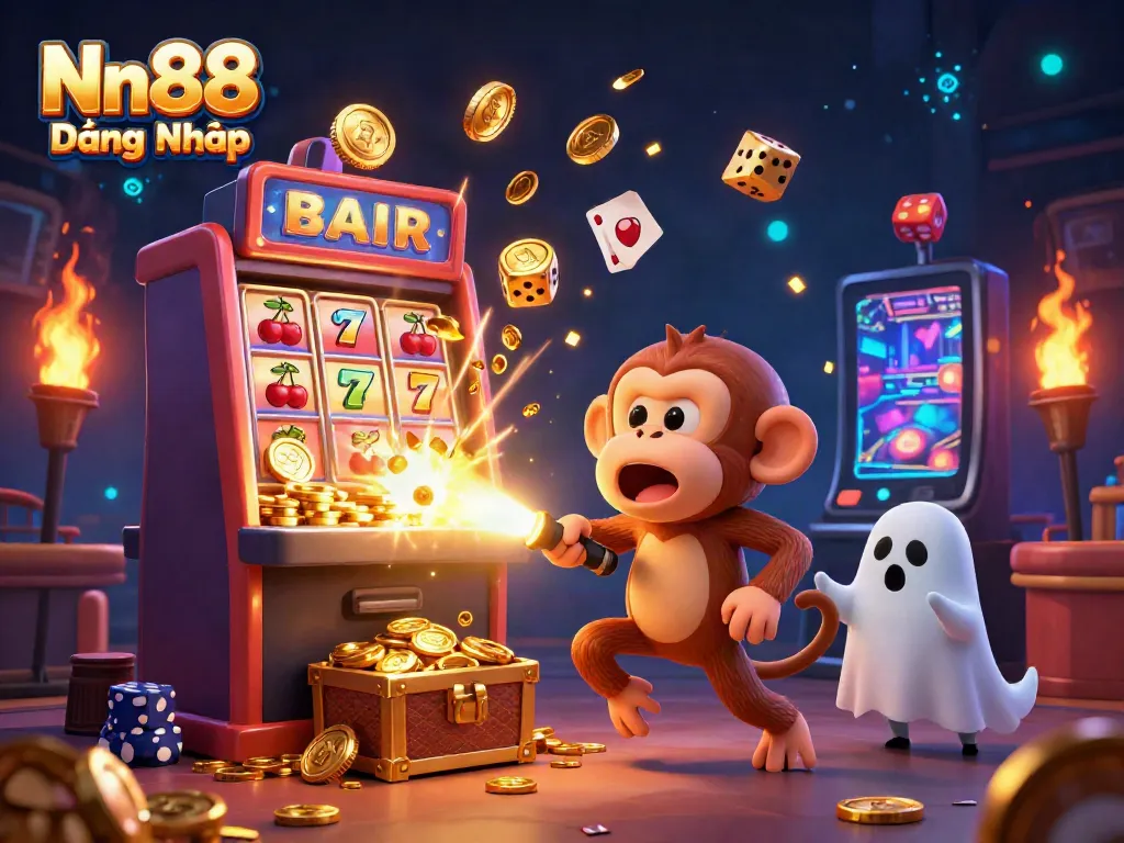 Experience Nn88 Đăng Nhập with a playful monkey and a curious puppy in a dynamic casino scene featuring exciting gaming elements.