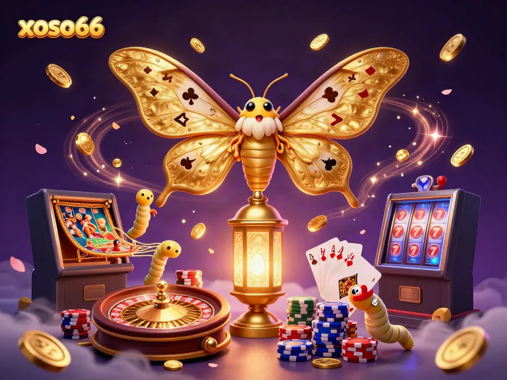 Experience the excitement of xoso66 with a vibrant 3D casino scene featuring a majestic moth and dazzling gold elements.
