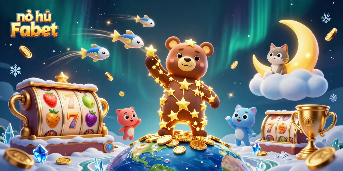 Engage with nổ hũ Fabet gameplay while cosmic characters and slot symbols celebrate wealth and luck.