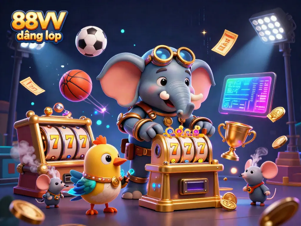 Experience the thrill of 88VV đăng nhập with this immersive 3D casino scene, featuring dynamic characters and vibrant game elements.