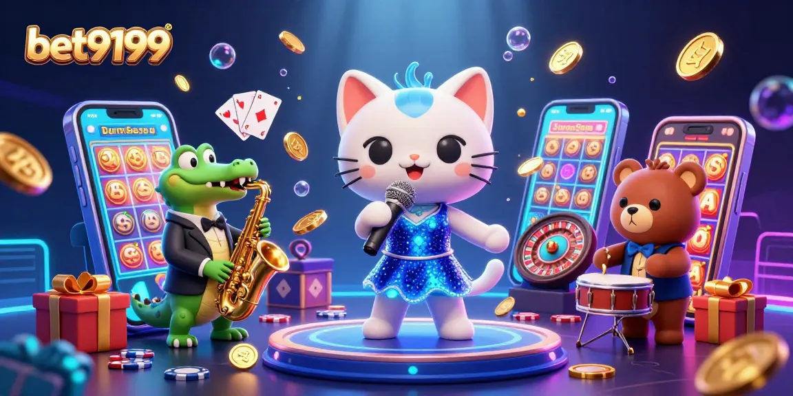 Experience the thrill of bet9199 with a lively casino scene featuring animated characters and exciting game elements.