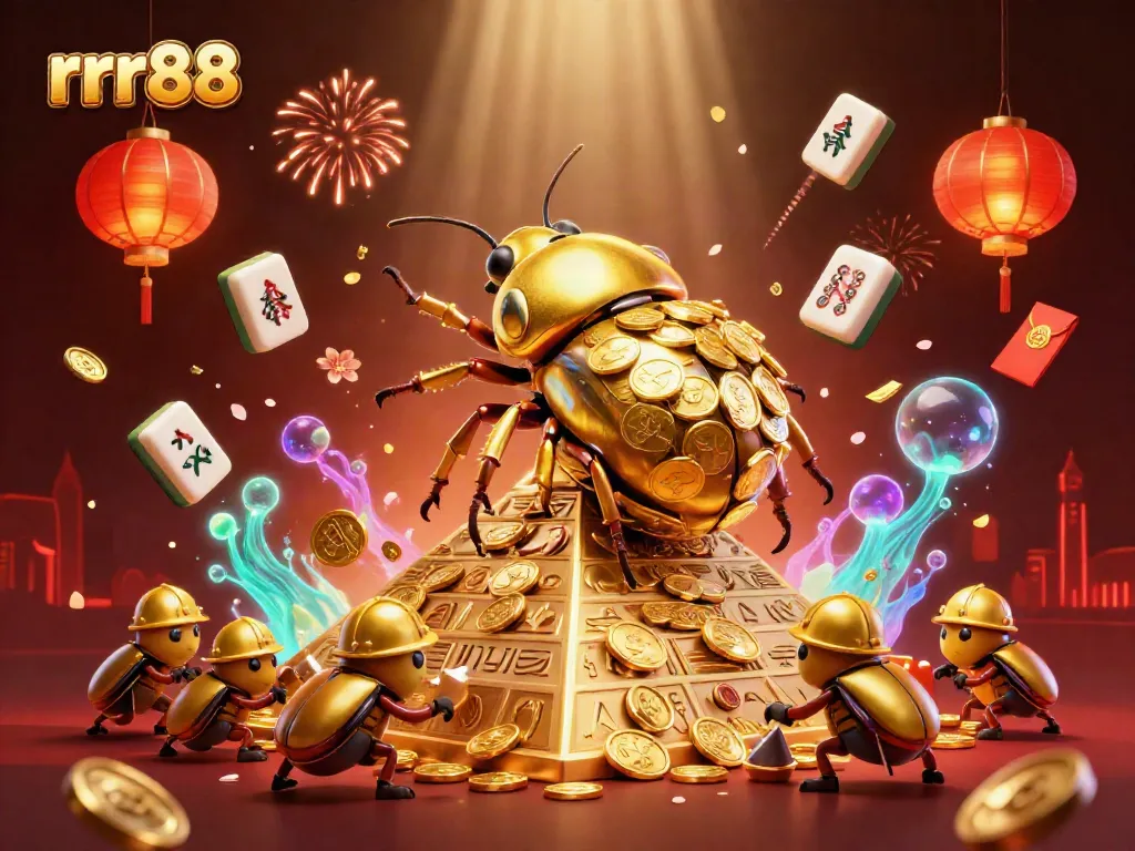 Experience thrilling gaming with rrr88 as golden beetles roll coins under vibrant casino lights.