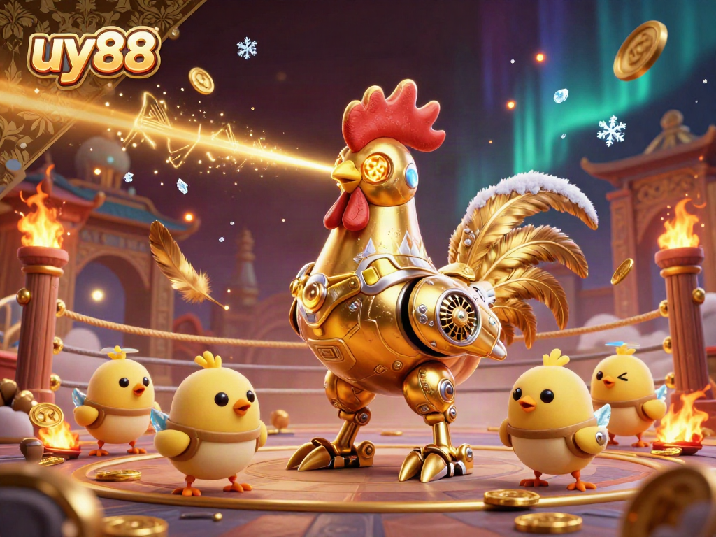 Experience uy88's thrilling casino atmosphere with a vibrant 3D illustration featuring a golden rooster robot and baby chick drones.