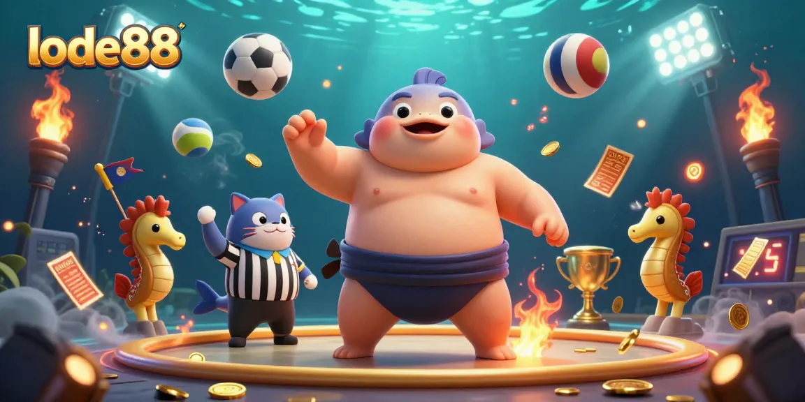 Experience the excitement of lode88 as a cartoon fugu competes under the sea, cheering spectators and dynamic sports elements.
