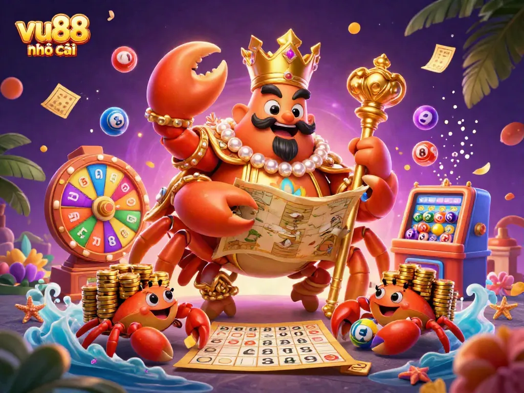 Experience excitement with vu88 nhà cái, featuring dynamic gaming elements like lottery balls and a treasure-filled crab emperor.