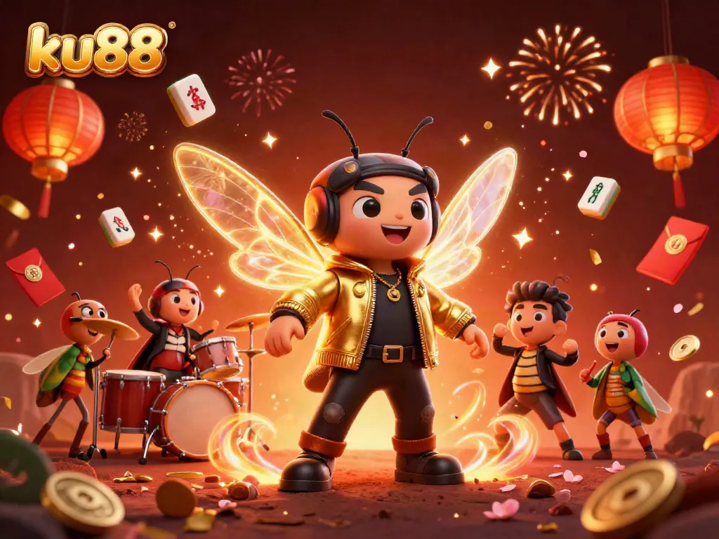 ku88's captivating scene showcasing a vibrant 3D casino atmosphere with a cicada rock star and festive elements.