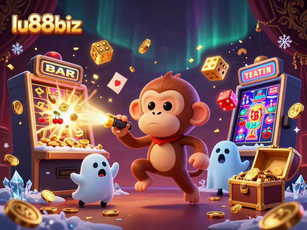 Experience the magic of lu88biz with a playful virtual monkey juggling coins in a vibrant casino.