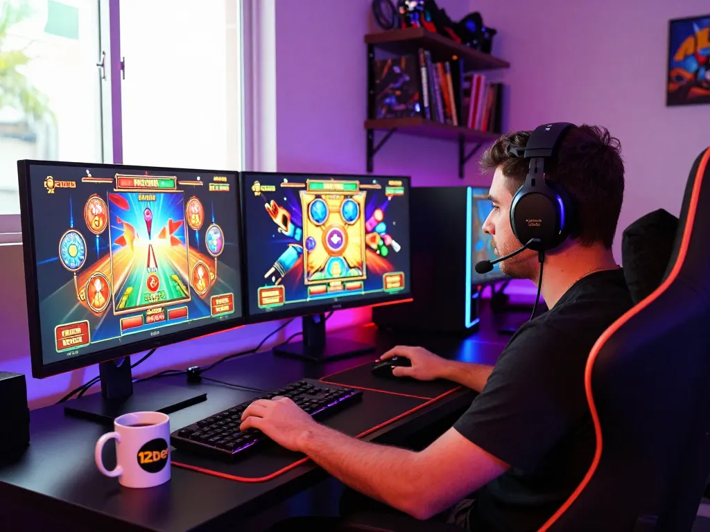 Engaging player exploring the thrilling features of 12bet brasil online casino slots in a dynamic gaming setup