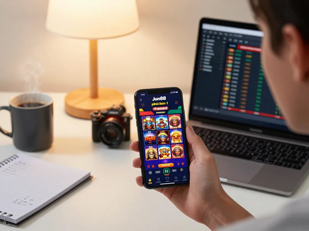 Player engaging with Jun88 phiên bản 1 mobile app on smartphone in stylish home setup