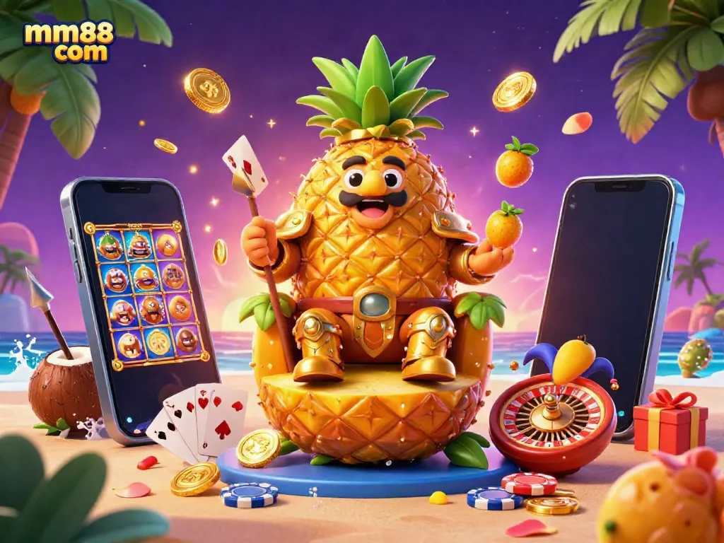 Engage with mm88 com at a vibrant tropical casino featuring a golden pineapple king and dynamic gambling elements.
