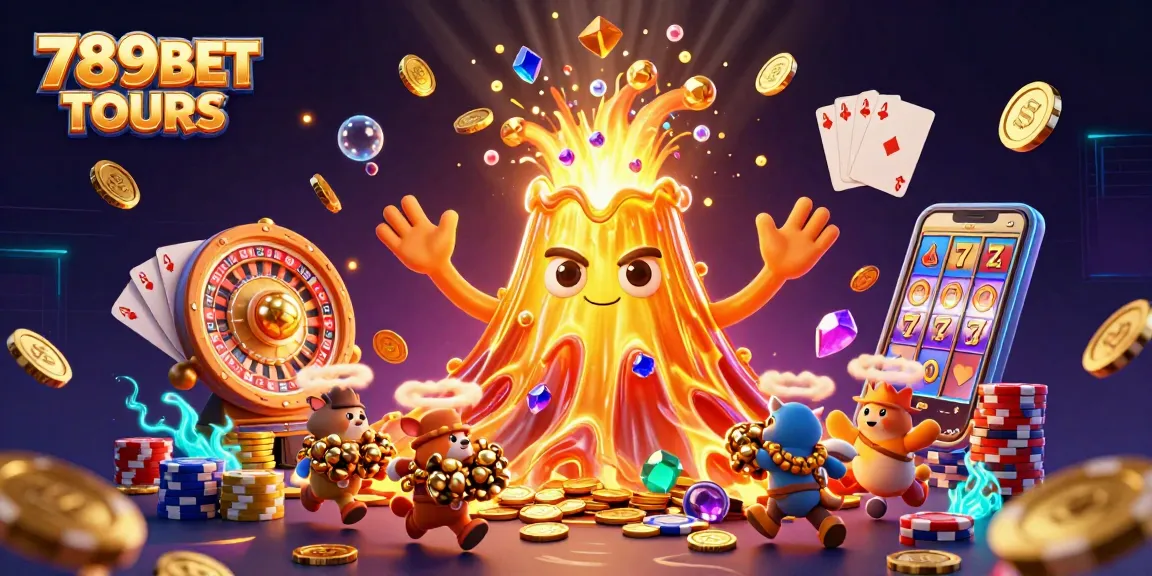 Experience thrilling wins at 789BET TOURS with a vibrant 3D illustration featuring treasures erupting from a golden volcano.