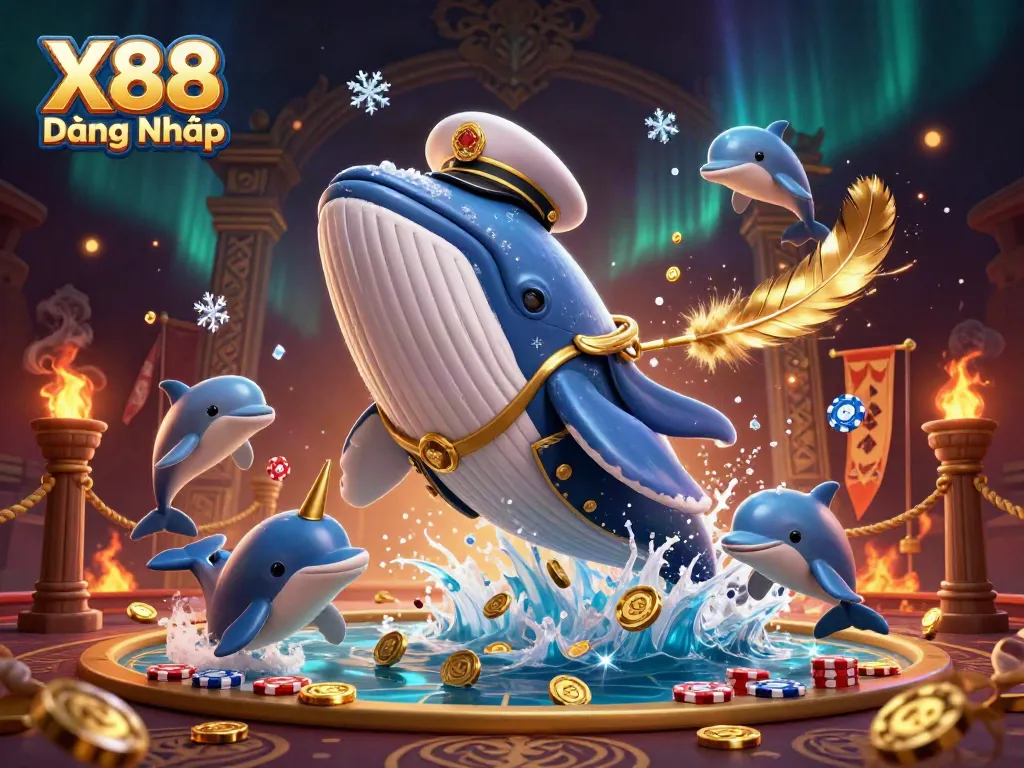 X88 Đăng Nhập showcases a whale, narwhal, and dolphins in a rich casino atmosphere excited by gambling elements