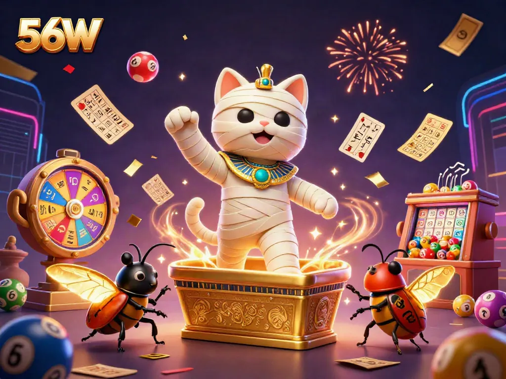 Engage with the thrilling world of 56W, featuring an Egyptian mummy cat in a vibrant casino scene.