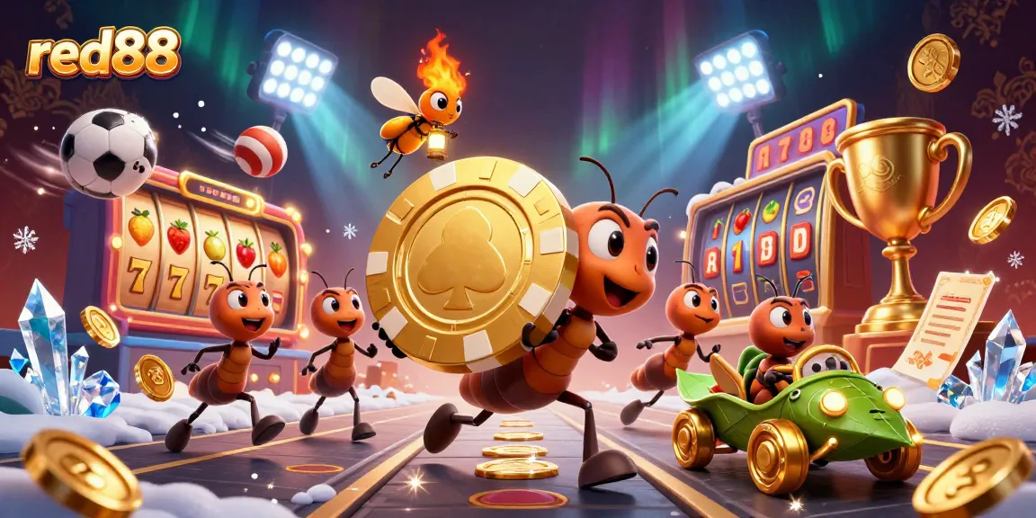Engage with red88's thrilling 3D casino scene featuring a heist with golden poker chips and dynamic elements.