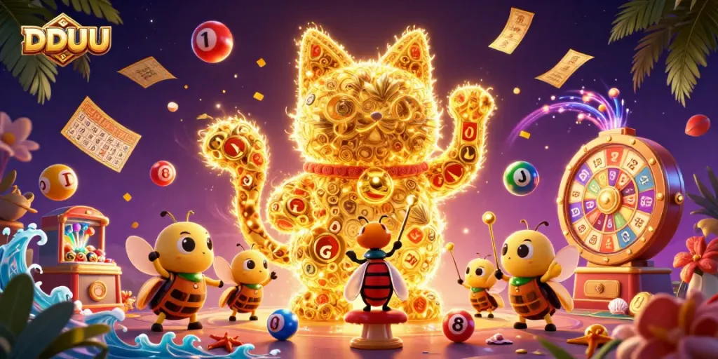 Engage with DDUU's vibrant lottery scene featuring dynamic golden fireflies, bingo cards, and spinning prize wheels.