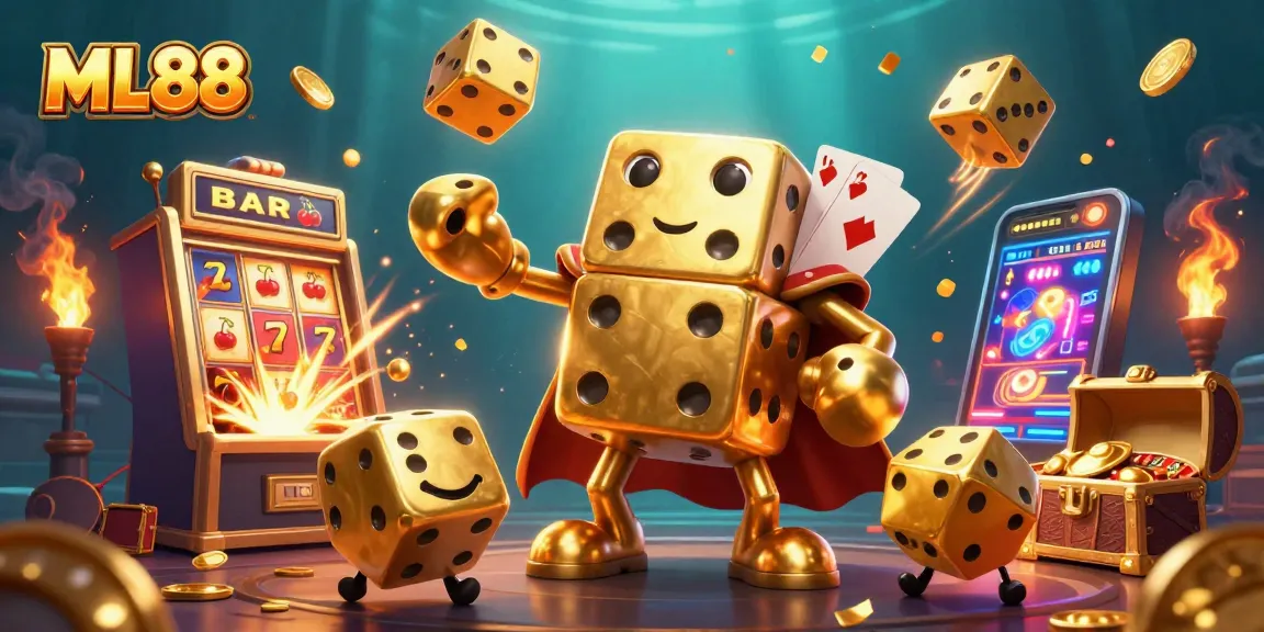 Experience the excitement of ML88 with a lively 3D illustration of casino elements and characters.